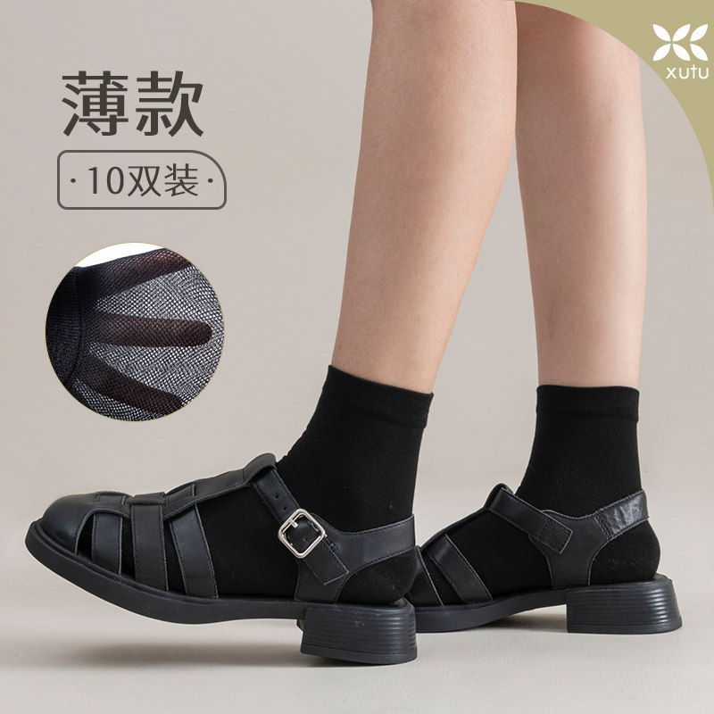 新疆棉夏季袜子薄款女士中筒网袜吸汗透气搭配凉鞋罗马鞋黑色棉袜