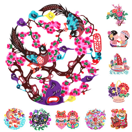 彩色蔚县剪纸作品马年画中国特色礼品手工窗花新年玻璃贴喜上眉梢