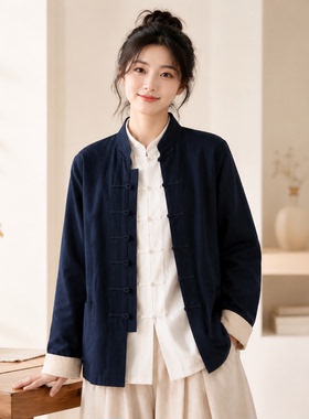 新中式立领盘扣上衣女长袖宽松禅意深蓝色外套唐装休闲文艺春秋