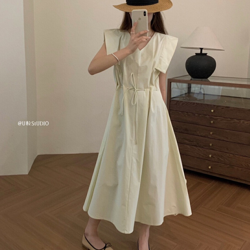 东大门新款极简风无袖连衣裙女夏季宽松显瘦V领茶歇度假过膝长裙