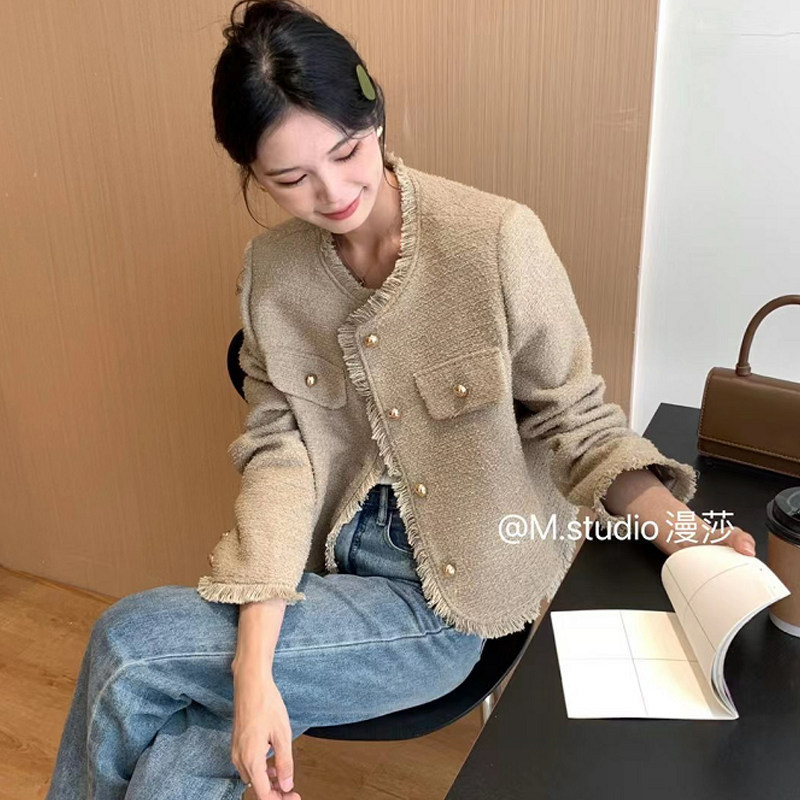 秋季新款长袖小香风毛边短外套女宽松显瘦名媛气质小个子开衫上衣