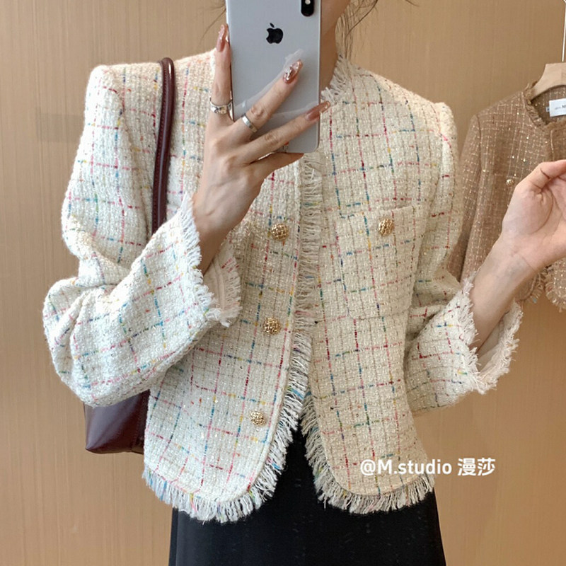 韩版粗花编织格纹小香风短外套女秋季新款圆领宽松显瘦设计感上衣