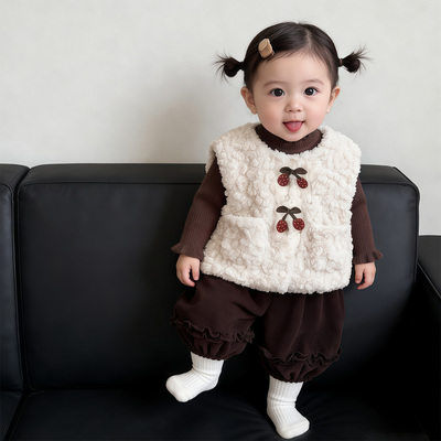 冬款女宝宝加绒马甲三件套套装