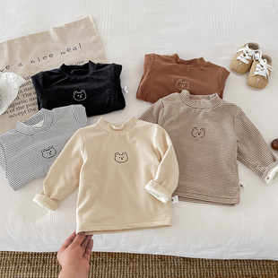 宝宝加绒打底衫秋冬婴儿长袖t恤上衣1岁冬季女宝纯色洋气冬装衣服