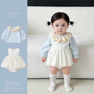 韩版婴儿春装包屁连体衣服开春套装女宝宝哈衣外出春季背带两件套