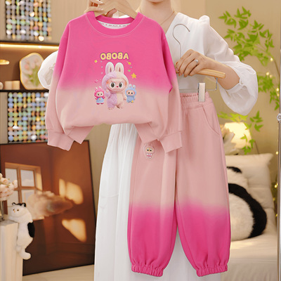 女童春秋渐变紫色套装2025新款卡通卫衣两件套超可爱拉布布衣服潮