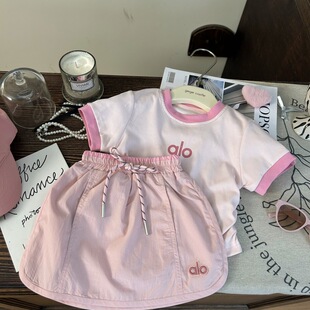 时尚韩版粉萌女童休闲套装幼儿园小学夏装凉快短袖T恤短裙两件套