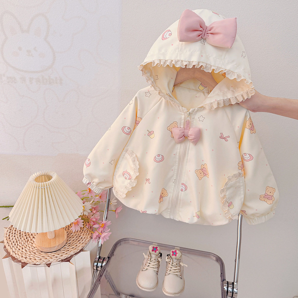 超好看女童上衣外套甜美可爱2026春季新款小女孩蝴蝶结连帽风衣秋