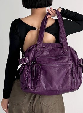 托特朋克手提包拉链机车时尚百搭通勤单肩包复古软皮紫色大包