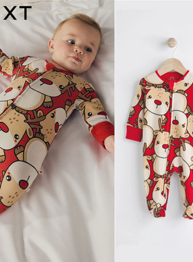 英国NEXT进口圣诞节日哈衣婴儿红色驯鹿长袖连体衣双拉链宝宝爬服