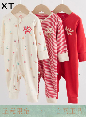 英国NEXT进口圣诞节日爬服女宝宝长袖拉链连体衣纯棉冬婴幼儿睡衣
