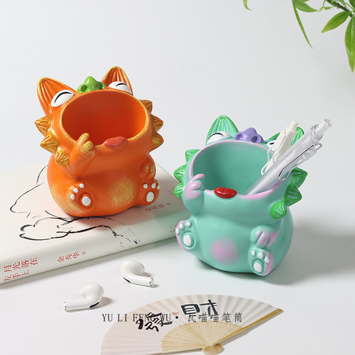 鱼里风物｜云南非遗瓦猫笔筒创意卡通办公书房桌面摆件教师节礼物
