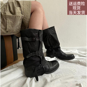 牛皮版~个性皮带扣骑士靴女2024年意大利新款三扣黑色中筒靴皮靴