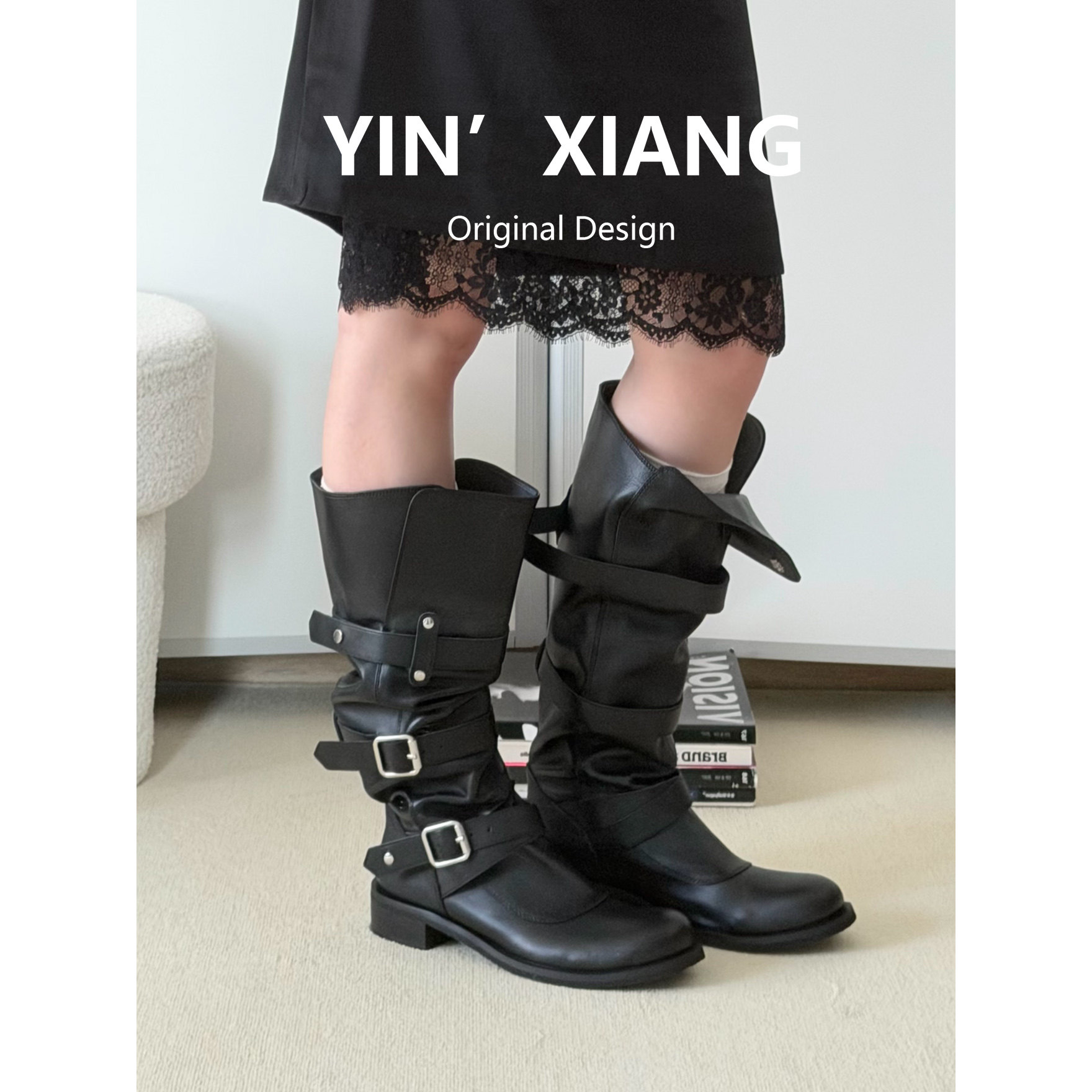 真皮~徐若晗同款厚底翻折长筒靴