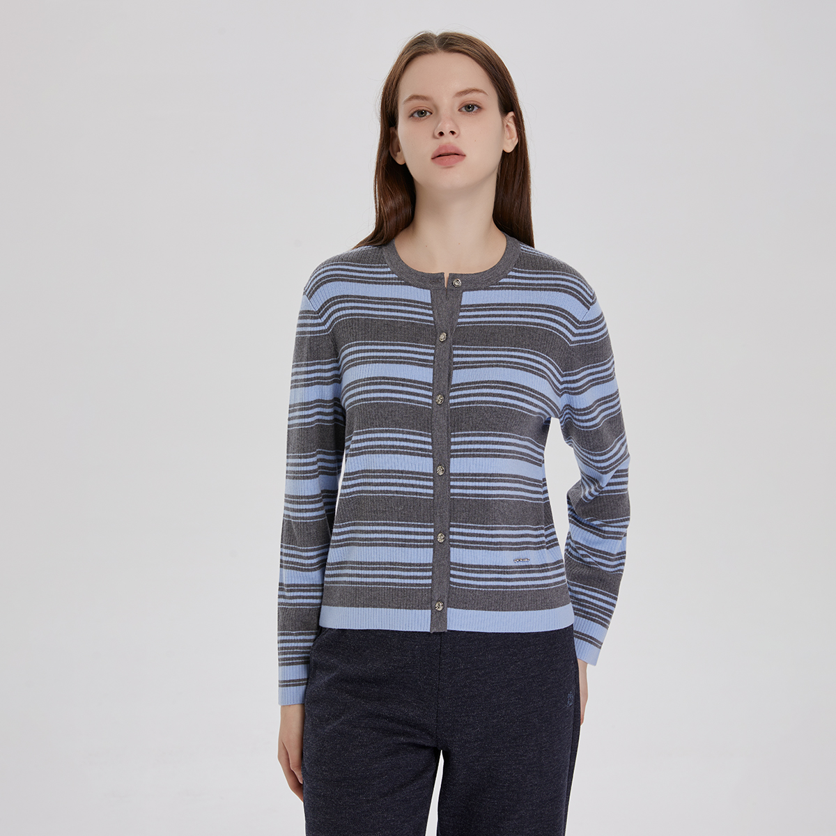 Polovillae/保罗威特气质条纹圆领针织开衫女秋冬高级感百搭上衣