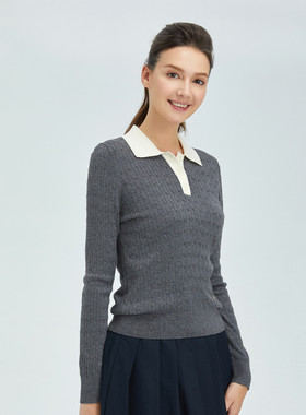 Polovillae/保罗威特舒适透气麻花纹路长袖上衣女士翻领针织衫