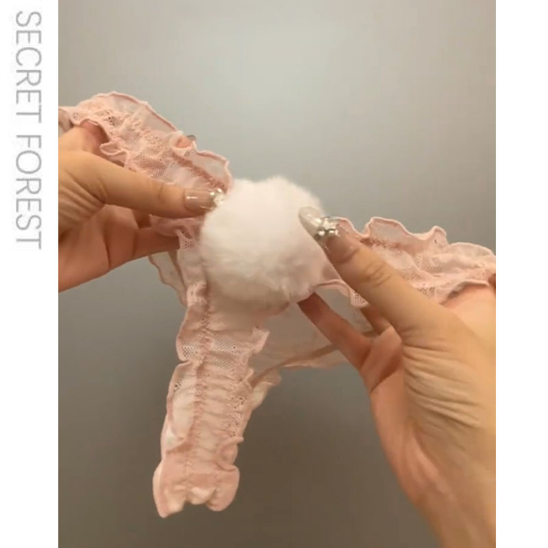 可爱毛球蕾丝内裤少女甜美性感低腰三角裤女夏透明薄款丁字裤胖次