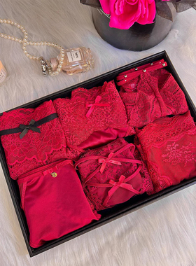 情欲共鸣•性感礼盒红色内裤（6条装）法式蕾丝网纱内裤女底裤套组