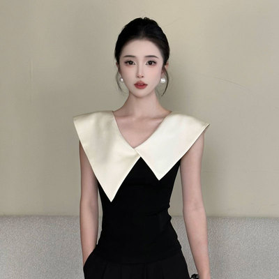 【名媛纪事】莱赛尔天丝拼色V领T恤女2026新款打底衫上衣26356