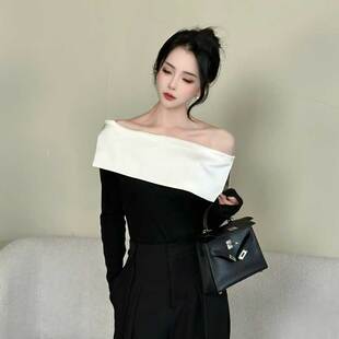 赫本小姐 打底衫 黑白拼色露肩长袖 新款 上衣26016 T恤女2026春季
