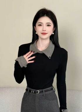 【漫步巴黎】设计感翻领拼接长袖T恤女加绒加厚打底衫上衣8810