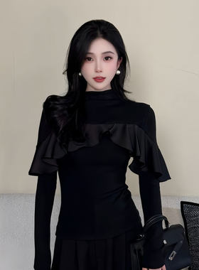 长袖秋季上衣设计感小众不撞款半高领黑色打底衫气质T恤女款26592