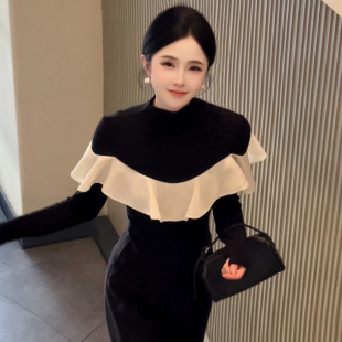 长袖打底衫女款秋季上衣半高领黑色设计感修身t恤小个子单穿26446