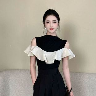 【莱赛尔天丝】女士气质上衣设计感小众拼色露肩T恤2026新款26170