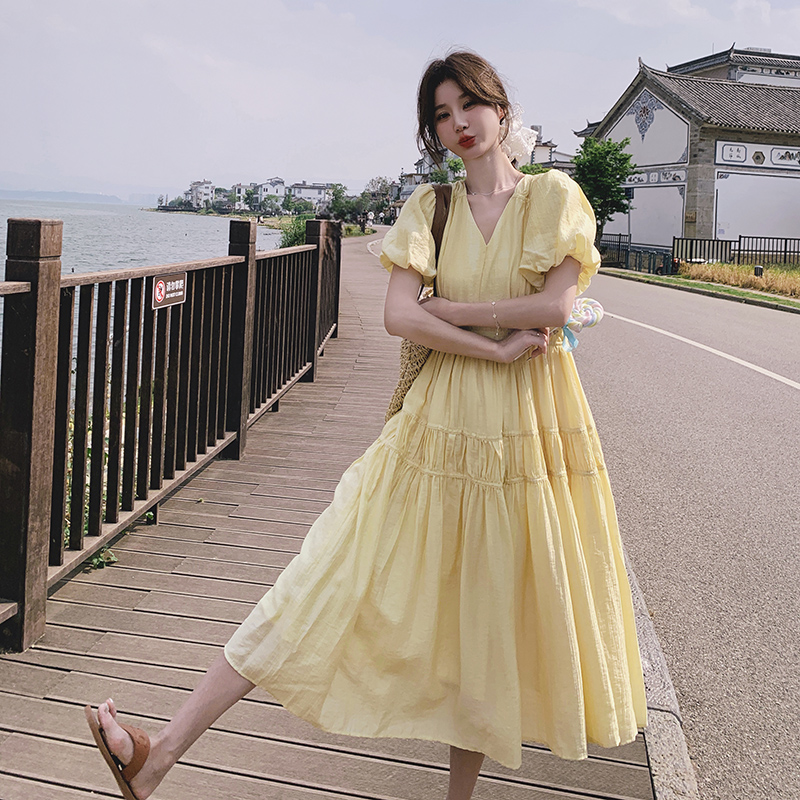 黄色法式泡泡袖宽松连衣裙女夏季连衣裙