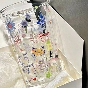 涂鸦多巴胺杯翻口玻璃杯高颜值水杯家用夏季 网红款 ins风果汁杯女
