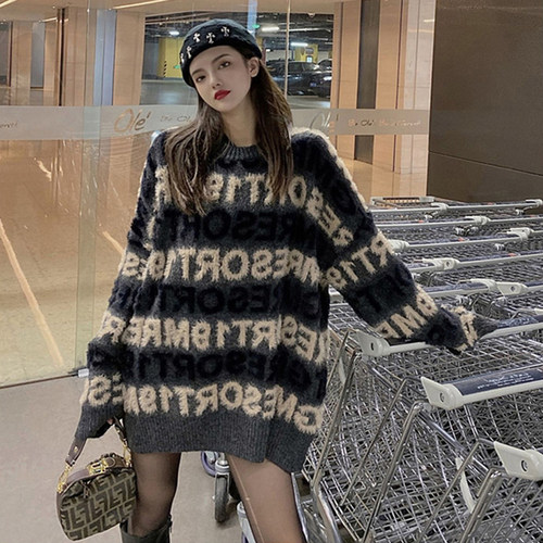 下身失踪宽松百搭字母提花毛衣女