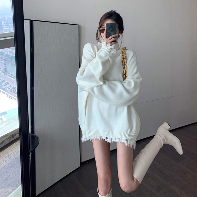 慵懒风撕边宽松打底高领毛衣女生