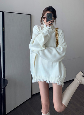 慵懒风撕边宽松打底高领毛衣女生
