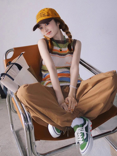 复古慵懒风宽松叠穿马甲薄款 日系撞色条纹镂空针织背心女夏季 上衣