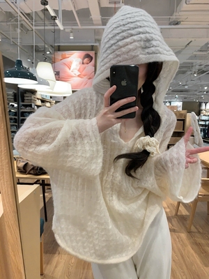 慵懒风宽松镂空防晒衫女夏季薄款空调罩衫温柔风长袖连帽针织上衣