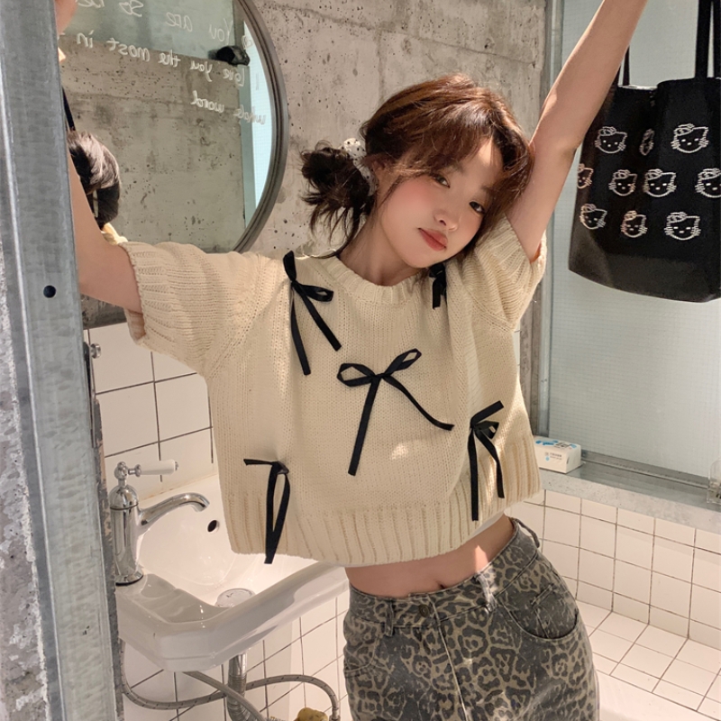 甜美蝴蝶结短款针织衫女夏季薄款T恤小个子宽松套头减龄短袖上衣