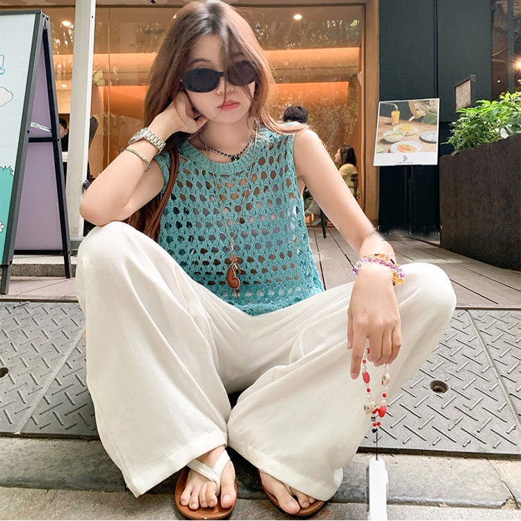 夏季新款镂空钩花针织背心女宽松百搭圆领无袖短款防晒罩衫上衣潮