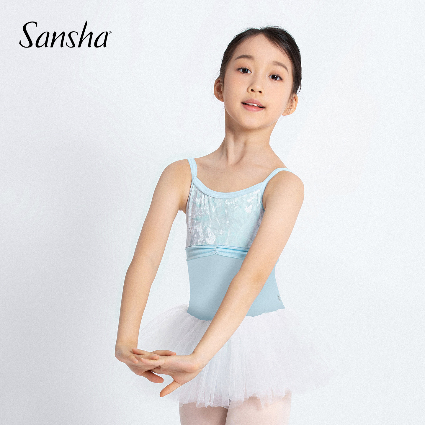 Sansha 三沙儿童芭蕾舞练功服秋冬钻石绒吊带蓬蓬裙开裆