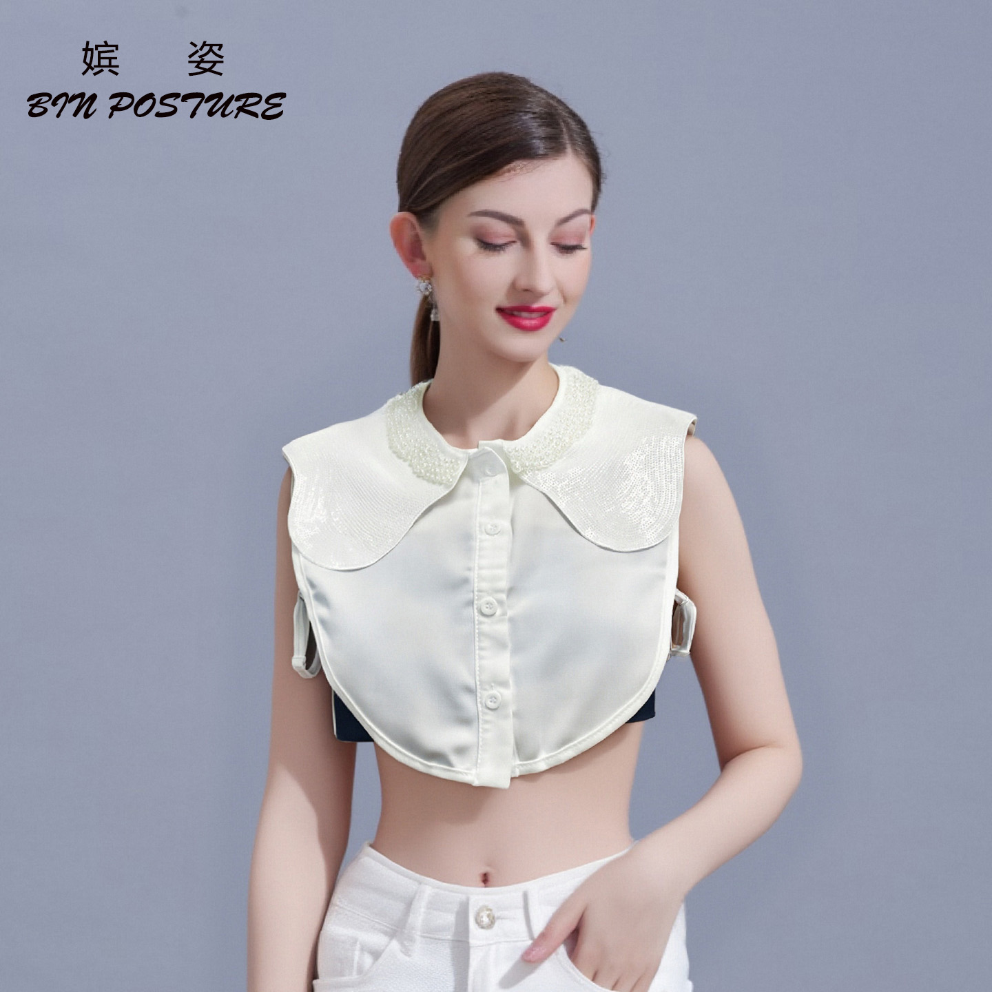 秋冬雪纺假领子钉珠大翻领假衣领