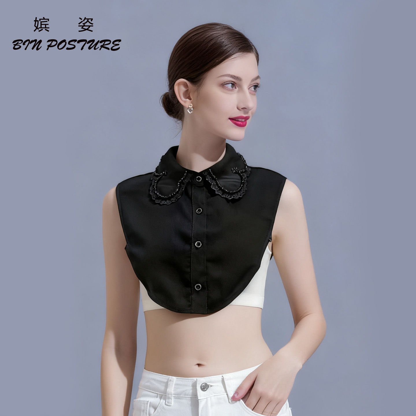 钉珠衬衣立领假领子女雪纺装饰领