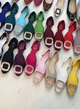 Ruyan Vuicr 平底鞋rv方扣水钻单鞋浅口真丝绸缎女鞋夏季凉鞋婚鞋