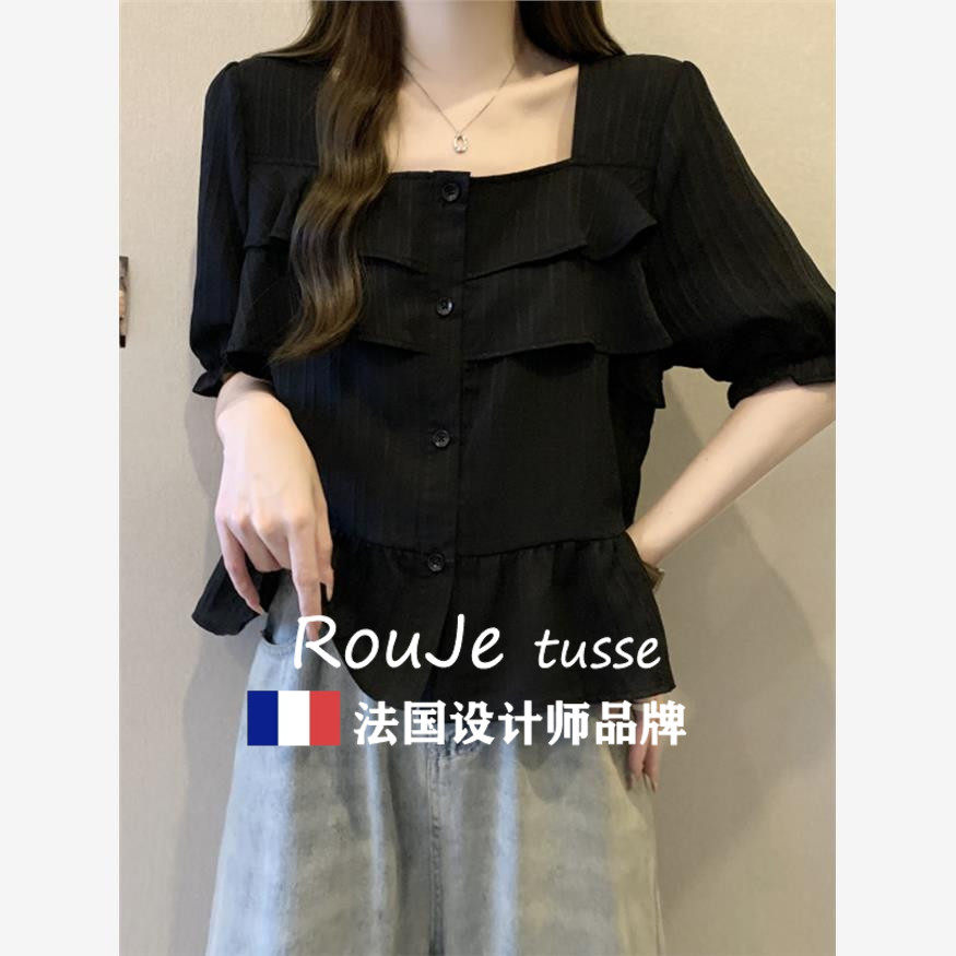 法国大码遮肚子荷叶边短袖小众衬衫女夏显瘦正肩上衣