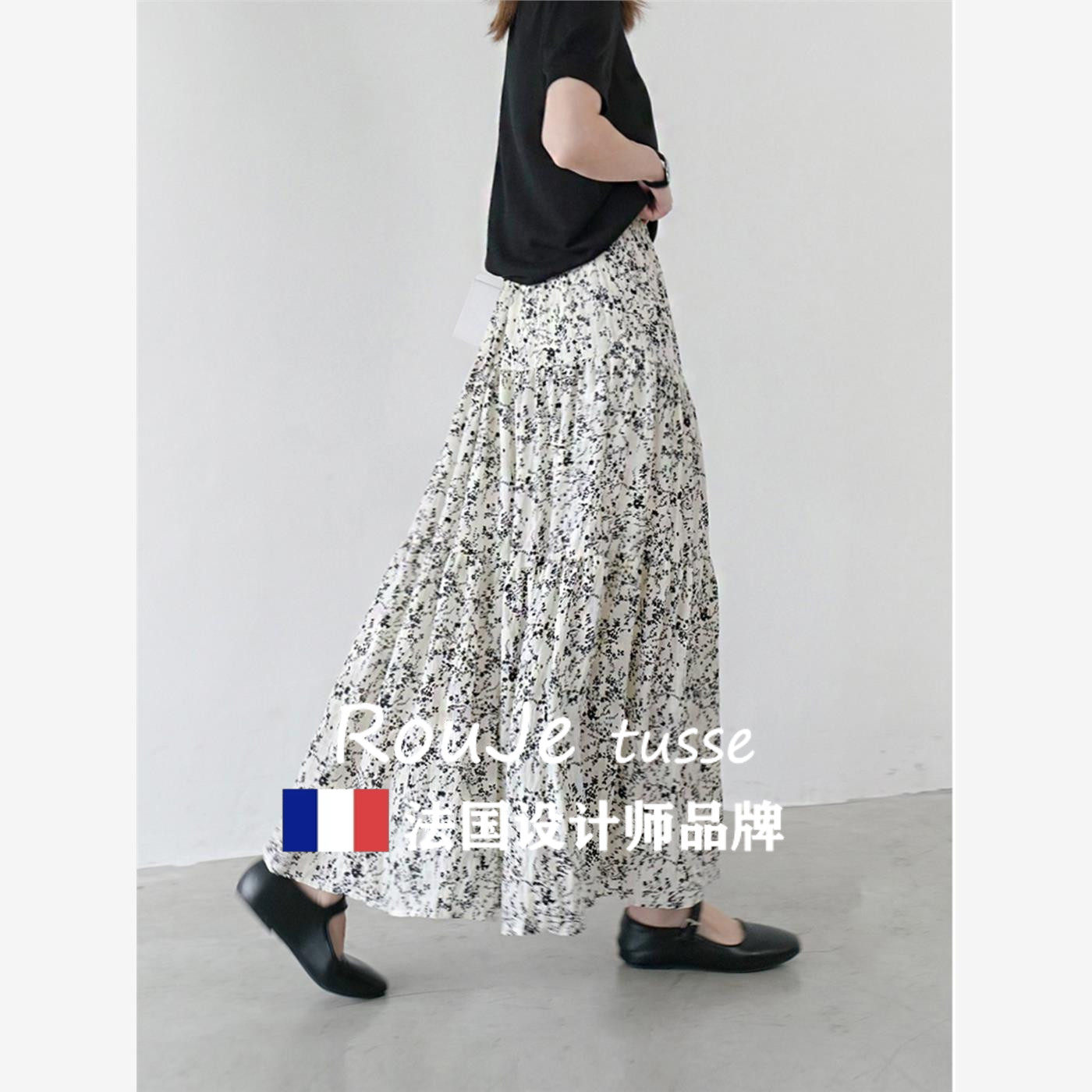 法国Rouje tusse雪纺小碎花半身裙a字伞裙女秋高腰垂感显瘦百褶裙
