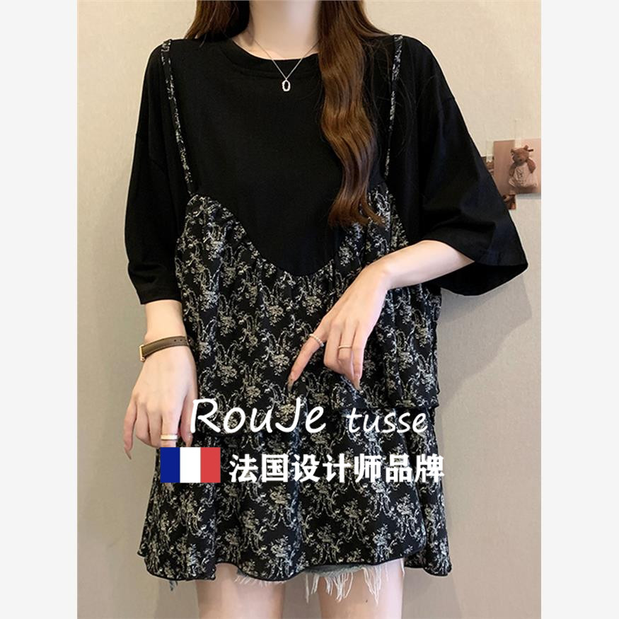 法国Rouje tusse假两件吊带碎花短袖t恤女胖mm宽松显瘦中长版上衣