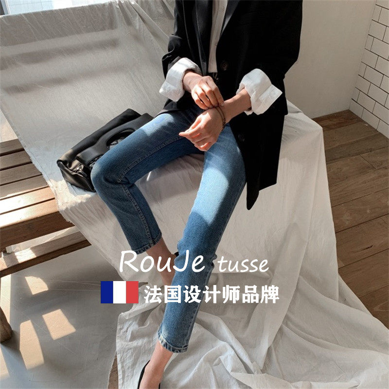 法国Rouje tusse浅蓝色直筒牛仔裤女九分秋季高腰显瘦宽松烟管裤