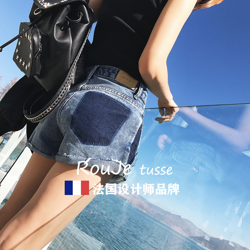 法国Rouje tusse牛仔短裤女夏显瘦直筒牛仔裤高腰毛边破洞阔腿裤