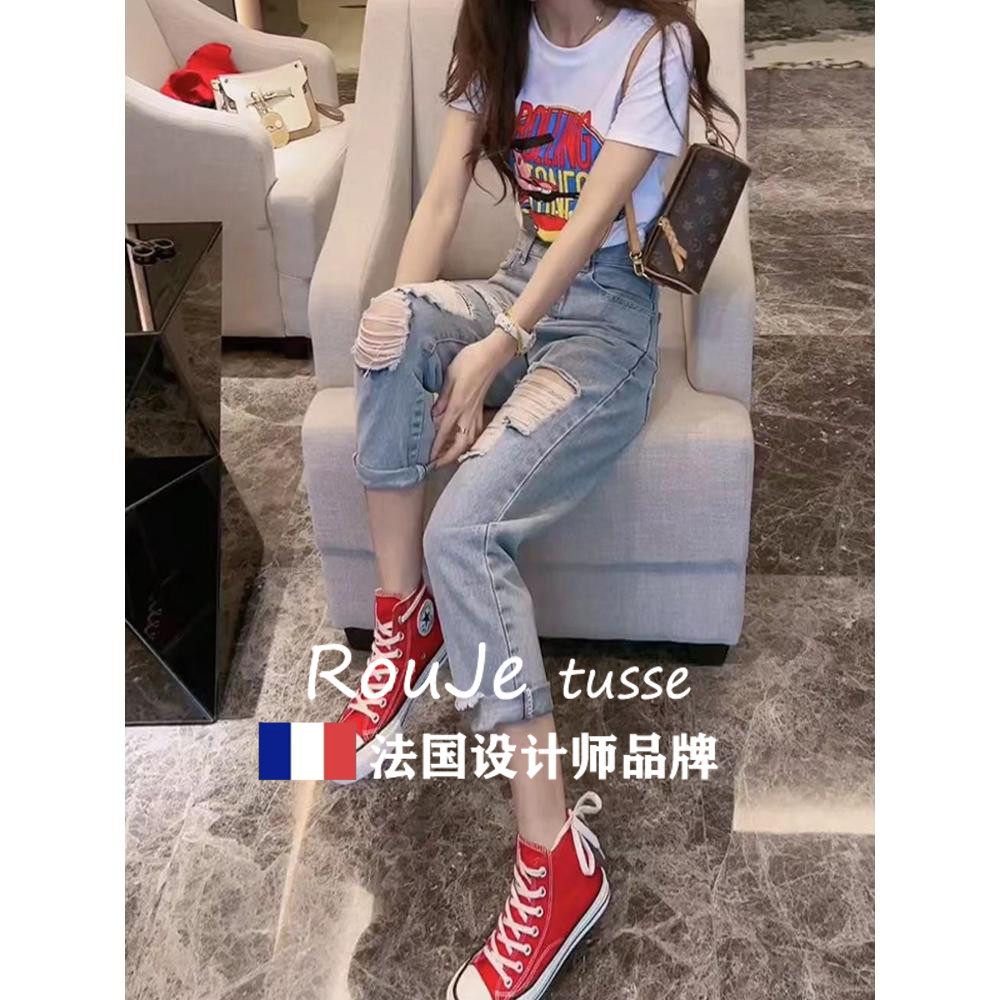 法国Rouje tusse高腰直筒破洞牛仔裤女大码胖mm显瘦梨形身材裤子