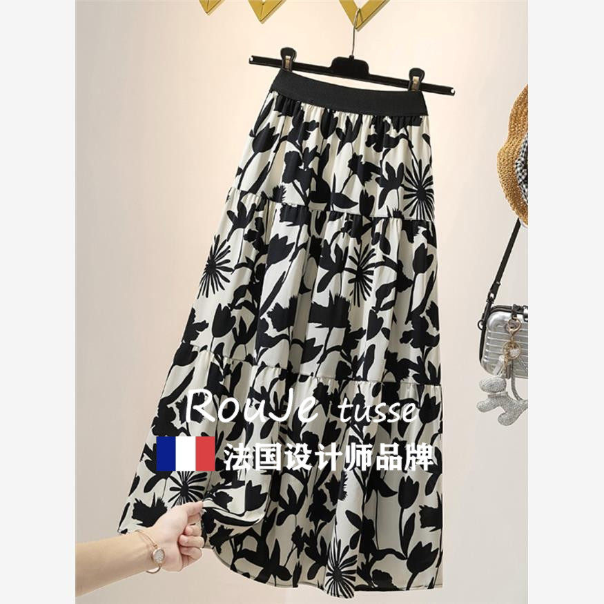 法国Rouje tusse大尺码女装胖mm高腰显瘦遮肚子中长版雪纺a字半身