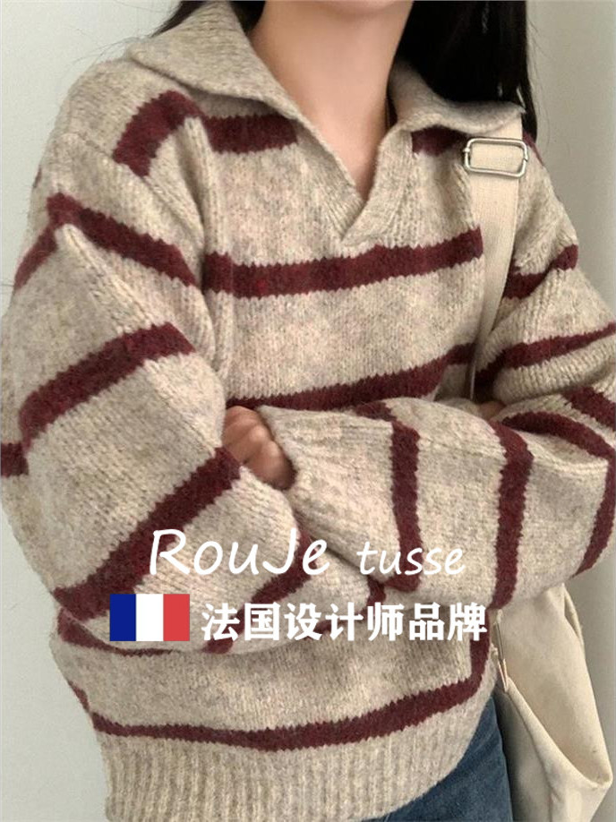 Rouje tusse美拉德条纹长袖羊毛针织毛衣秋韩版大码独特羊绒上衣