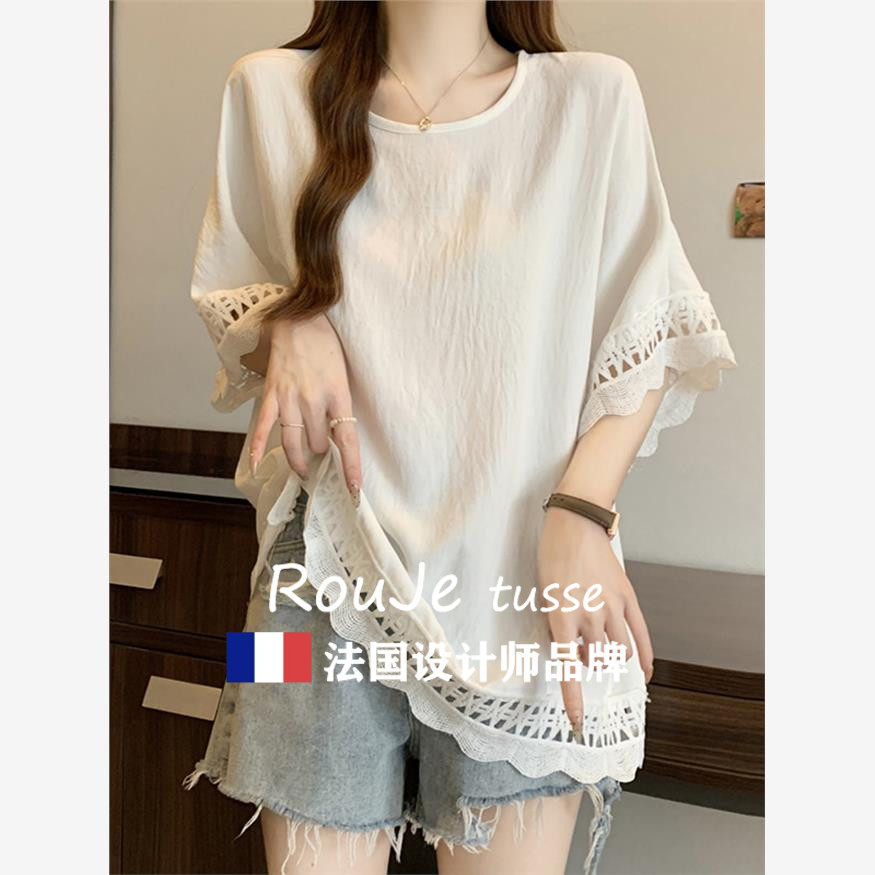 法国遮肚子慵懒风宽松短袖T恤女夏季显瘦镂空蕾丝上衣